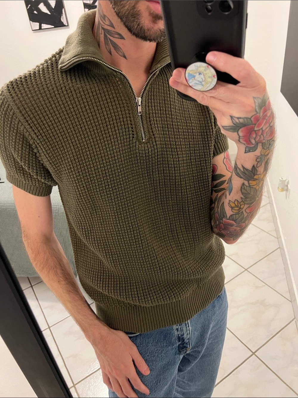 Half-Zip Short-Sleeve Knit Polo in Olive Green and Black Bundle